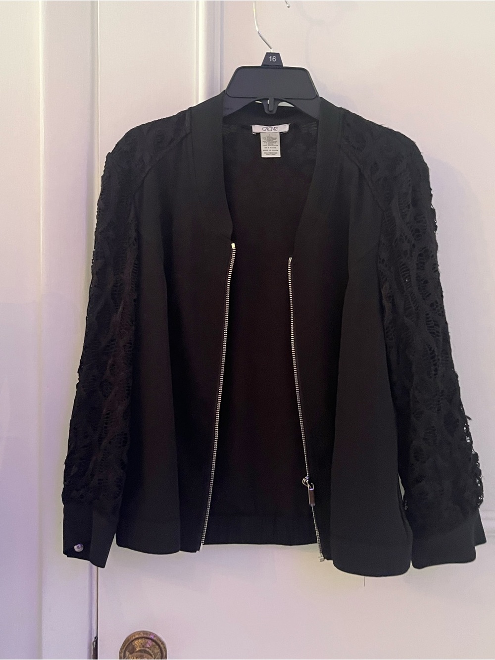 Cache Black Lace-Sleeve Bomber Jacket with Silver Zipper